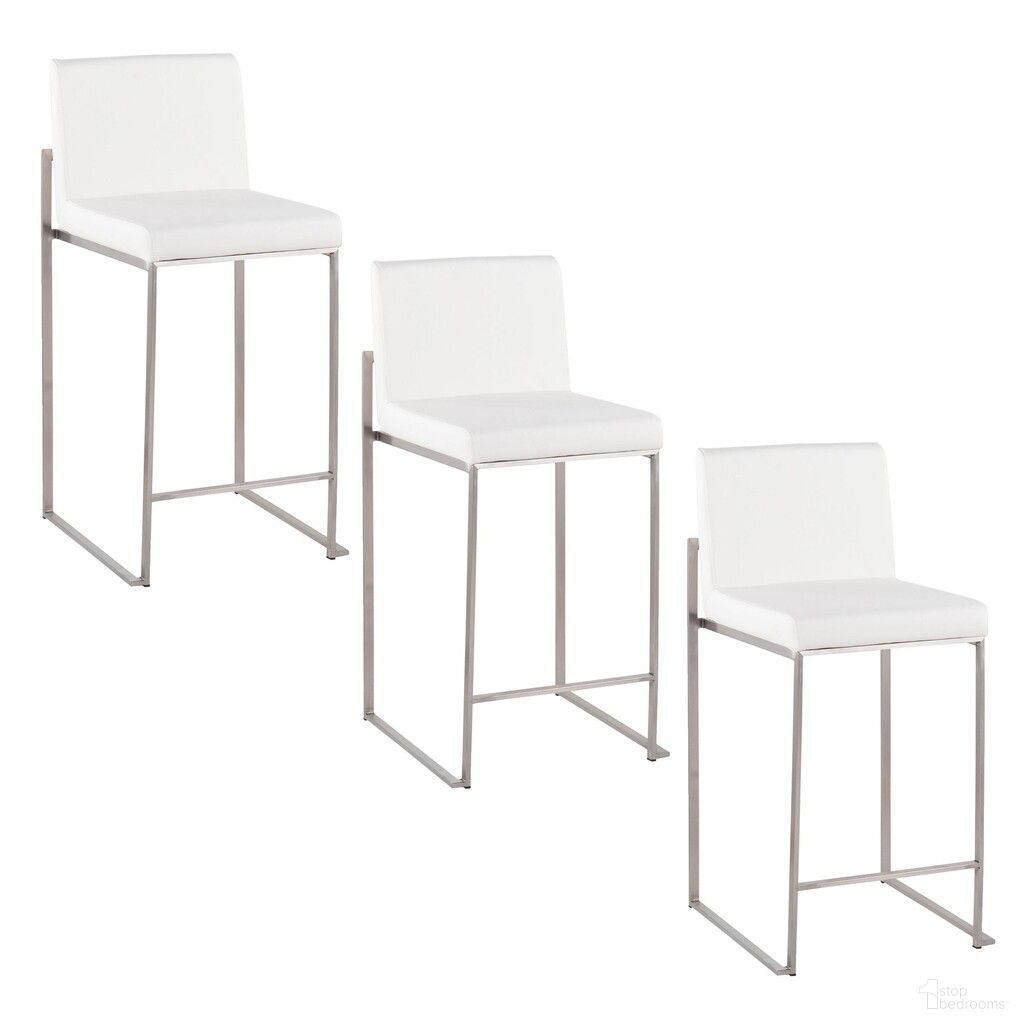 The appearance of Fuji High Back 26 Inch Fixed Height Counter Stool Set of 3 In White and Stainless Steel designed by Lumisource in the modern / contemporary interior design. This white/stainless steel piece of furniture was selected by 1StopBedrooms from Fuji Collection to add a touch of cosiness and style into your home. Sku: B26-FUJIHBPU SSW3. Material: Stainless Steel.