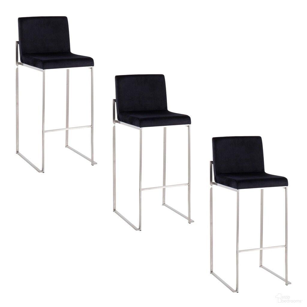 The appearance of Fuji High Back 30 Inch Fixed Height Barstool Set of 3 In Black and Stainless Steel designed by Lumisource in the modern / contemporary interior design. This black velvet piece of furniture was selected by 1StopBedrooms from Fuji Collection to add a touch of cosiness and style into your home. Sku: B30-FUJIHBV SSBK3. Material: Stainless Steel.