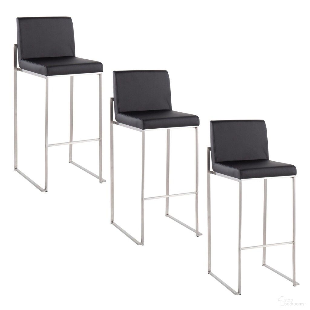 The appearance of Fuji High Back 30 Inch Fixed Height Barstool Set of 3 In Black and Stainless Steel designed by Lumisource in the modern / contemporary interior design. This black and stainless steel piece of furniture was selected by 1StopBedrooms from Fuji Collection to add a touch of cosiness and style into your home. Sku: B30-FUJIHBPU SSBK3. Material: Stainless Steel.
