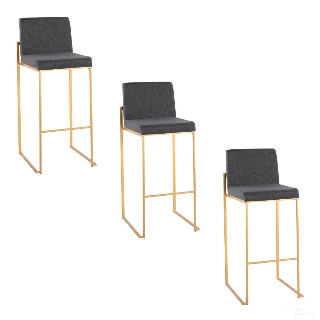 Fuji High Back 30 Inch Fixed Height Barstool Set of 3 In Charcoal and Gold