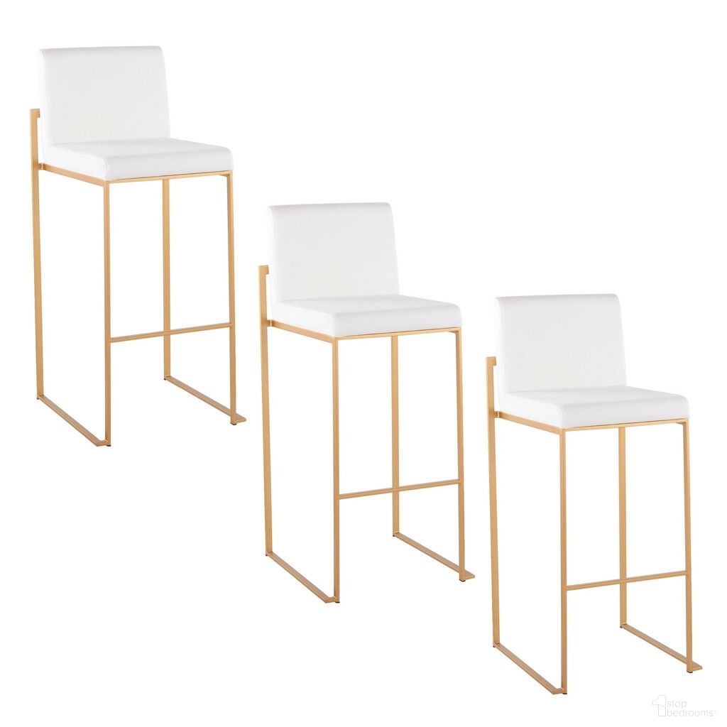 The appearance of Fuji High Back 30 Inch Fixed Height Barstool Set of 3 In Gold and White designed by Lumisource in the modern / contemporary interior design. This white velvet piece of furniture  was selected by 1StopBedrooms from Fuji Collection to add a touch of cosiness and style into your home. Sku: B30-FUJIHBV AUW3. Material: Stainless Steel.