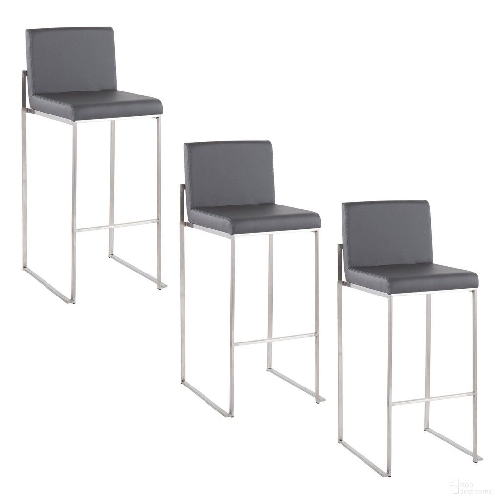 Fuji High Back 30 Inch Fixed Height Barstool Set of 3 In Stainless Steel and Grey