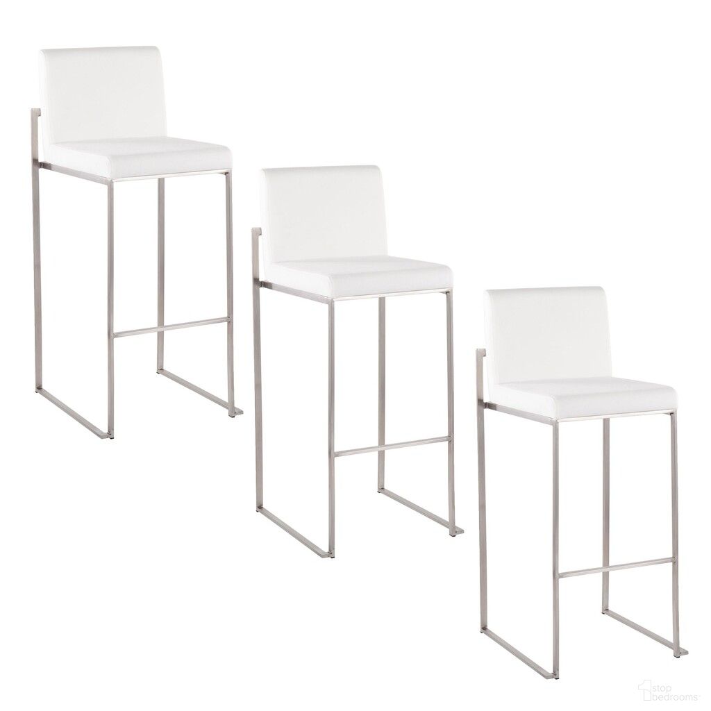 The appearance of Fuji High Back 30 Inch Fixed Height Barstool Set of 3 In White and Stainless Steel designed by Lumisource in the modern / contemporary interior design. This white velvet piece of furniture was selected by 1StopBedrooms from Fuji Collection to add a touch of cosiness and style into your home. Sku: B30-FUJIHBV SSW3. Material: Stainless Steel.