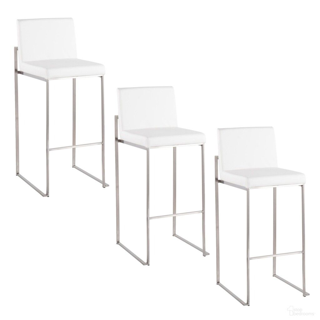 The appearance of Fuji High Back 30 Inch Fixed Height Barstool Set of 3 In White and Stainless Steel designed by Lumisource in the modern / contemporary interior design. This white/stainless steel piece of furniture was selected by 1StopBedrooms from Fuji Collection to add a touch of cosiness and style into your home. Sku: B30-FUJIHBPU SSW3. Material: Stainless Steel.