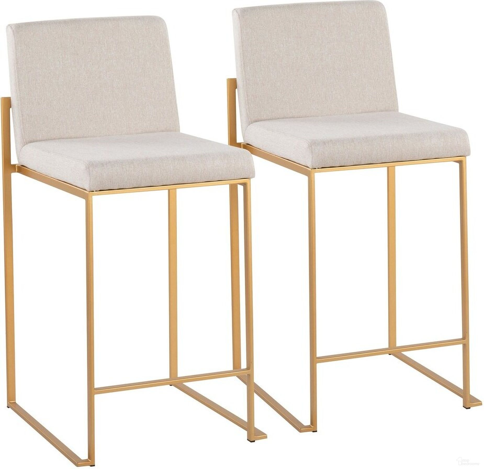 The appearance of Fuji High Back Counter Stool Set of 2 In Gold and Beige designed by Lumisource in the modern / contemporary interior design. This gold and beige piece of furniture was selected by 1StopBedrooms from Fuji Collection to add a touch of cosiness and style into your home. Sku: B26-FUJIHB AUFBG2. Material: Polyester.