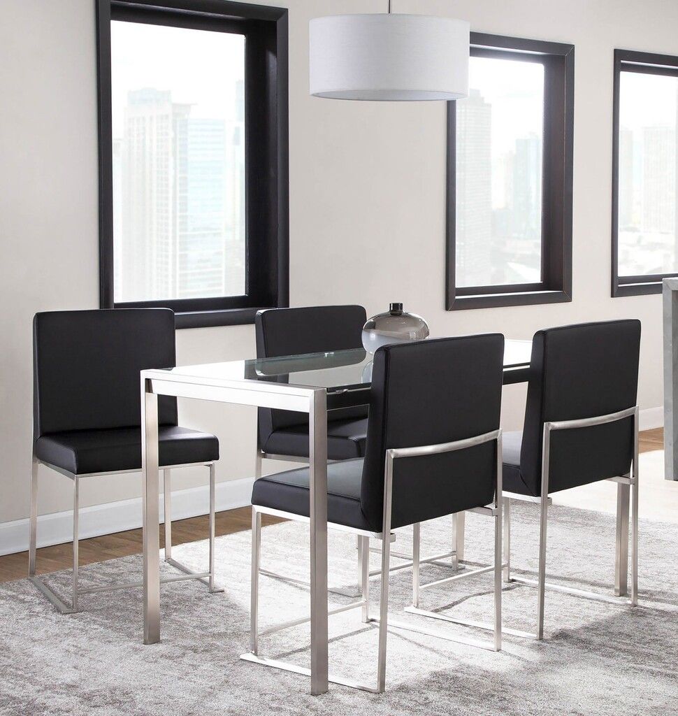 The appearance of Fuji High Back Dining Set with Clear Glass and Faux Leather In Black and Stainless Steel designed by Lumisource in the modern / contemporary interior design. This black and stainless steel piece of furniture  was selected by 1StopBedrooms from Fuji Collection to add a touch of cosiness and style into your home. Sku: TB-FUJI4728 CL;DC-HBFUJI SSBK2. Table Base Style: Legs. Table Top Shape: Rectangular. Material: Foam.