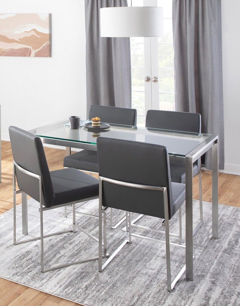 The appearance of Fuji High Back Dining Set with Clear Glass and Faux Leather In Stainless Steel and Grey designed by Lumisource in the modern / contemporary interior design. This stainless steel and grey piece of furniture was selected by 1StopBedrooms from Fuji Collection to add a touch of cosiness and style into your home. Sku: TB-FUJI4728 CL;DC-HBFUJI SSGY2. Table Base Style: Legs. Table Top Shape: Rectangular. Material: Foam.