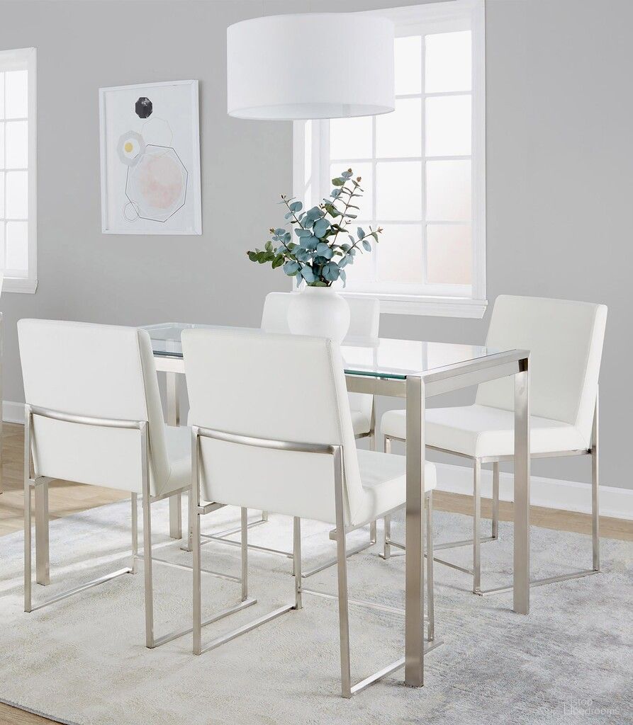 The appearance of Fuji High Back Dining Set with Clear Glass and Faux Leather In White and Stainless Steel designed by Lumisource in the modern / contemporary interior design. This white/stainless steel piece of furniture was selected by 1StopBedrooms from Fuji Collection to add a touch of cosiness and style into your home. Sku: TB-FUJI4728 CL;DC-HBFUJI SSW2. Table Base Style: Legs. Table Top Shape: Rectangular. Material: Foam.