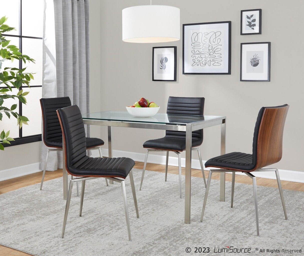 The appearance of Fuji-Mason Faux Leather Swivel Dining Set with Clear Glass In Walnut and Black designed by Lumisource in the modern / contemporary interior design. This walnut and black piece of furniture was selected by 1StopBedrooms from Fuji Collection to add a touch of cosiness and style into your home. Sku: TB-FUJI4728 CL;CH-MSNSWV WLBK2. Table Base Style: Legs. Table Top Shape: Rectangular. Material: Foam.