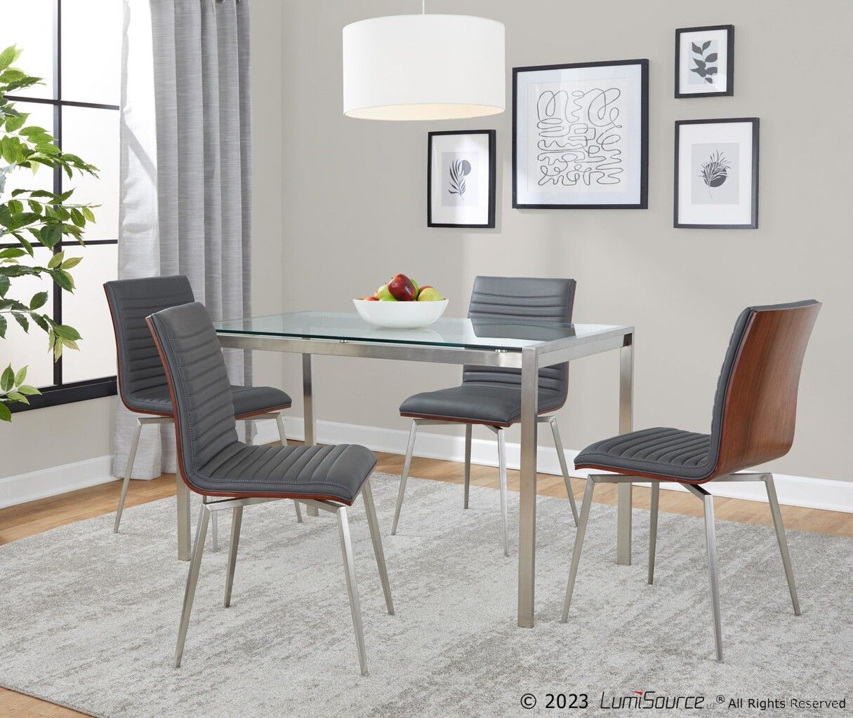 The appearance of Fuji-Mason Faux Leather Swivel Dining Set with Clear Glass In Walnut and Grey designed by Lumisource in the modern / contemporary interior design. This walnut and grey piece of furniture  was selected by 1StopBedrooms from Fuji Collection to add a touch of cosiness and style into your home. Sku: TB-FUJI4728 CL;CH-MSNSWV WLGY2. Table Base Style: Legs. Table Top Shape: Rectangular. Material: Foam.