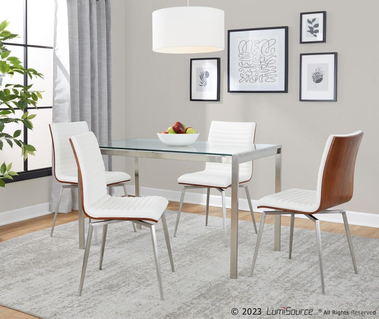 The appearance of Fuji-Mason Faux Leather Swivel Dining Set with Clear Glass In Walnut and White designed by Lumisource in the modern / contemporary interior design. This walnut and white piece of furniture was selected by 1StopBedrooms from Fuji Collection to add a touch of cosiness and style into your home. Sku: TB-FUJI4728 CL;CH-MSNSWV WL+W2. Table Base Style: Legs. Table Top Shape: Rectangular. Material: Foam.