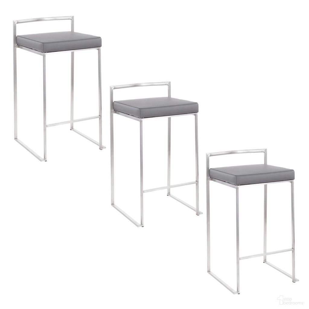 Fuji Stacker 26 Inch Fixed Height Counter Stool Set of 3 In Brushed Grey
