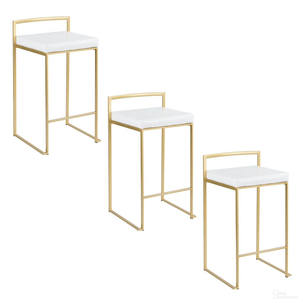 The appearance of Fuji Stacker 26 Inch Fixed Height Counter Stool Set of 3 In Gold and White designed by Lumisource in the glam interior design. This gold and white piece of furniture  was selected by 1StopBedrooms from Fuji Collection to add a touch of cosiness and style into your home. Sku: B26-FUJIPU AUW3. Material: Foam.