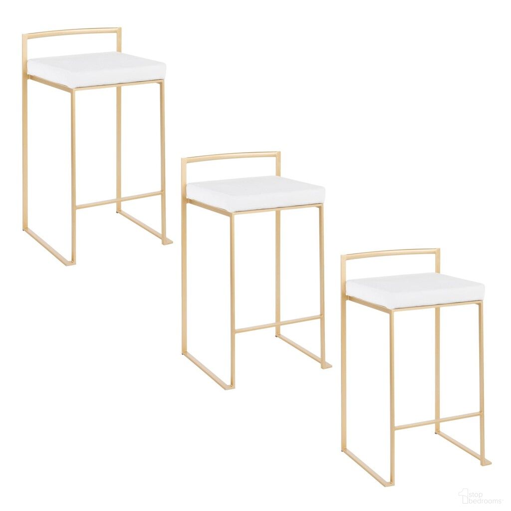 The appearance of Fuji Stacker 26 Inch Fixed Height Counter Stool Set of 3 In Gold and White designed by Lumisource in the glam interior design. This white velvet piece of furniture  was selected by 1StopBedrooms from Fuji Collection to add a touch of cosiness and style into your home. Sku: B26-FUJIV AUW3. Material: Foam.