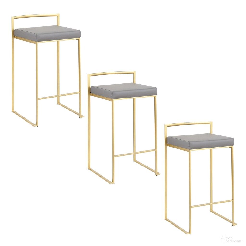 The appearance of Fuji Stacker 26 Inch Fixed Height Counter Stool Set of 3 In Grey and Gold designed by Lumisource in the glam interior design. This grey and gold piece of furniture  was selected by 1StopBedrooms from Fuji Collection to add a touch of cosiness and style into your home. Sku: B26-FUJIPU AUGY3. Material: Foam.