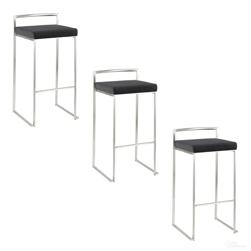 Fuji Stacker 30 Inch Fixed Height Barstool Set of 3 In Black and Stainless Steel