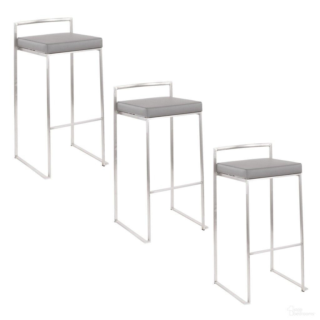 Fuji Stacker 30 Inch Fixed Height Barstool Set of 3 In Brushed Grey
