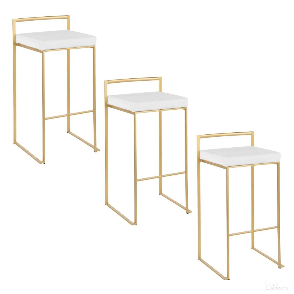 Fuji Stacker 30 Inch Fixed Height Barstool Set of 3 In Gold and White
