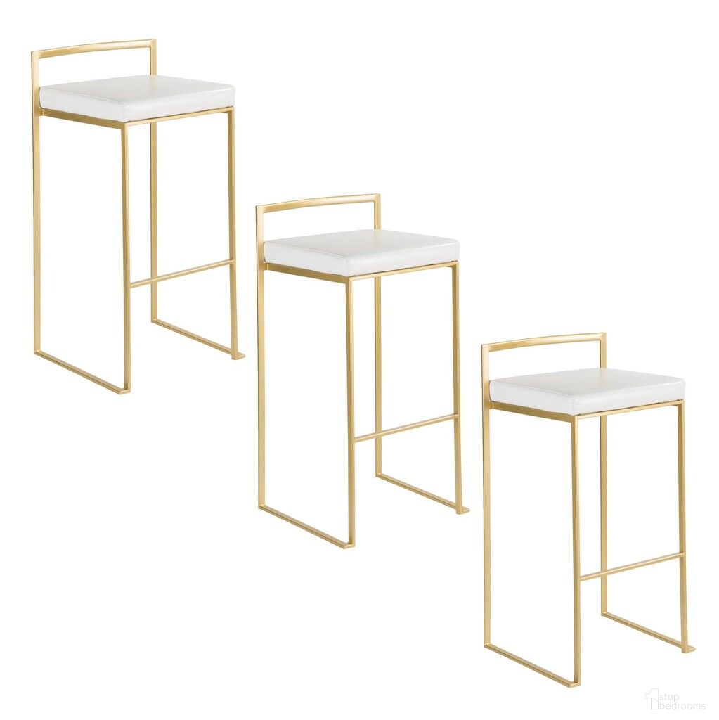 The appearance of Fuji Stacker 30 Inch Fixed Height Barstool Set of 3 In Gold and White designed by Lumisource in the glam interior design. This gold and white piece of furniture  was selected by 1StopBedrooms from Fuji Collection to add a touch of cosiness and style into your home. Sku: B30-FUJIPU AUW3. Material: Foam.