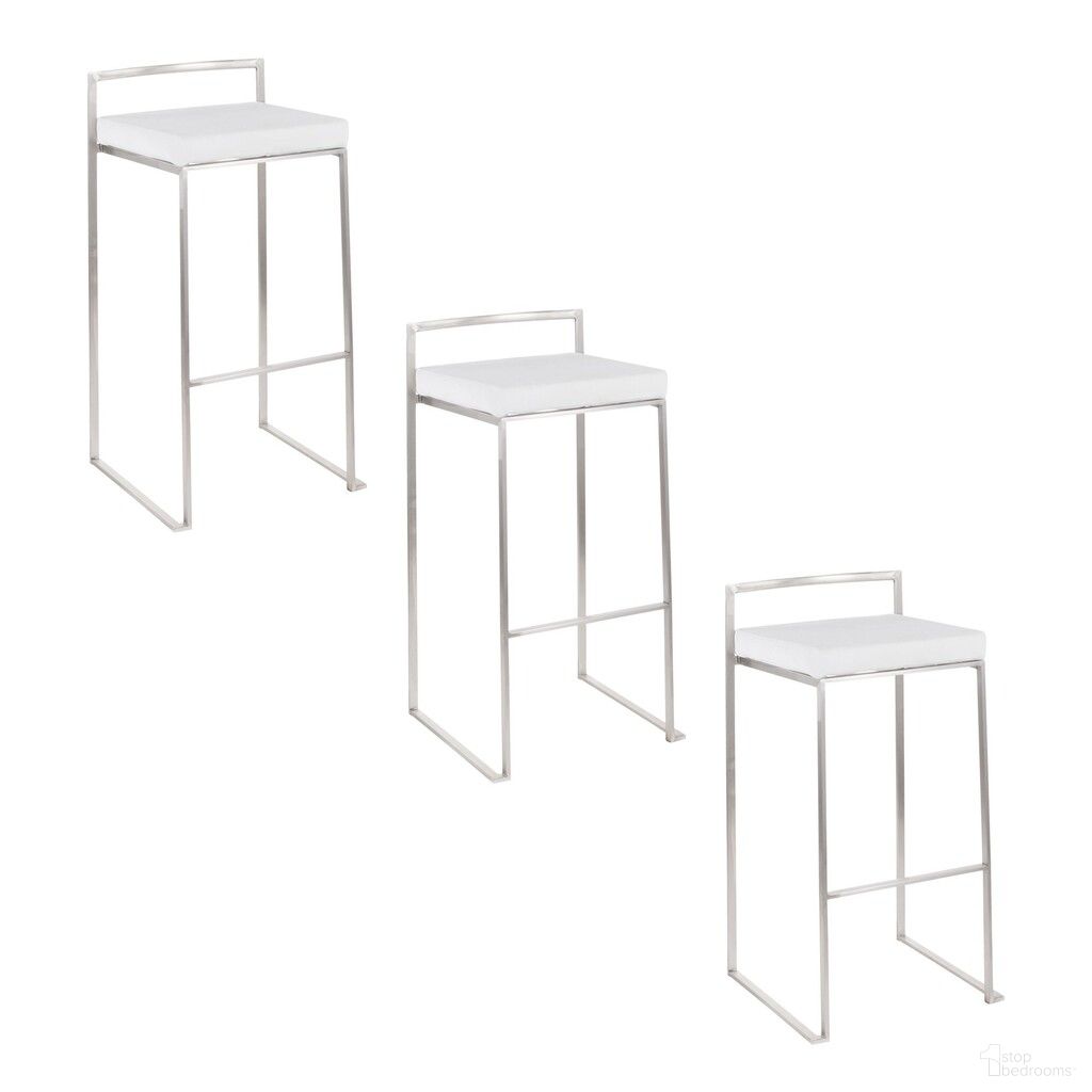 The appearance of Fuji Stacker 30 Inch Fixed Height Barstool Set of 3 In White and Stainless Steel designed by Lumisource in the modern / contemporary interior design. This white velvet piece of furniture was selected by 1StopBedrooms from Fuji Collection to add a touch of cosiness and style into your home. Sku: B30-FUJIV SSW3. Material: Stainless Steel.