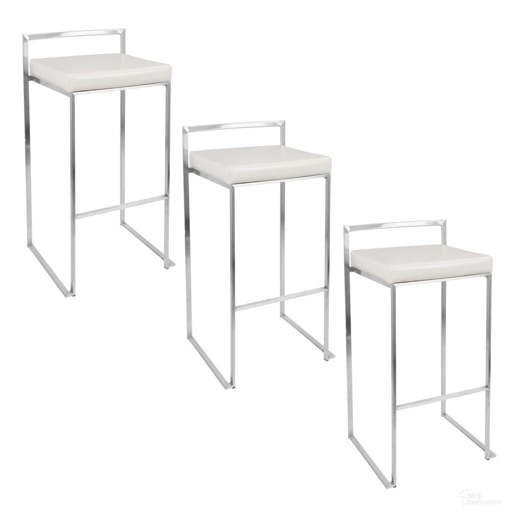 The appearance of Fuji Stacker 30 Inch Fixed Height Barstool Set of 3 In White and Stainless Steel designed by Lumisource in the modern / contemporary interior design. This white/stainless steel piece of furniture was selected by 1StopBedrooms from Fuji Collection to add a touch of cosiness and style into your home. Sku: B30-FUJIPU SSW3. Material: Foam.