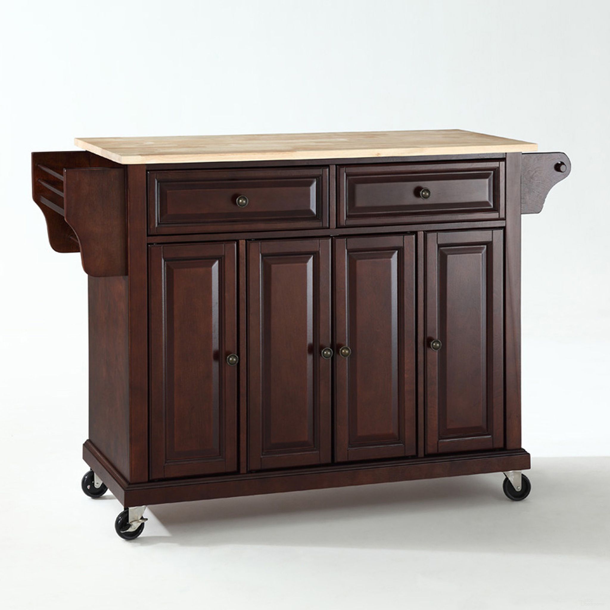 Full Size Wood Top Kitchen Cart In Mahogany and Natural