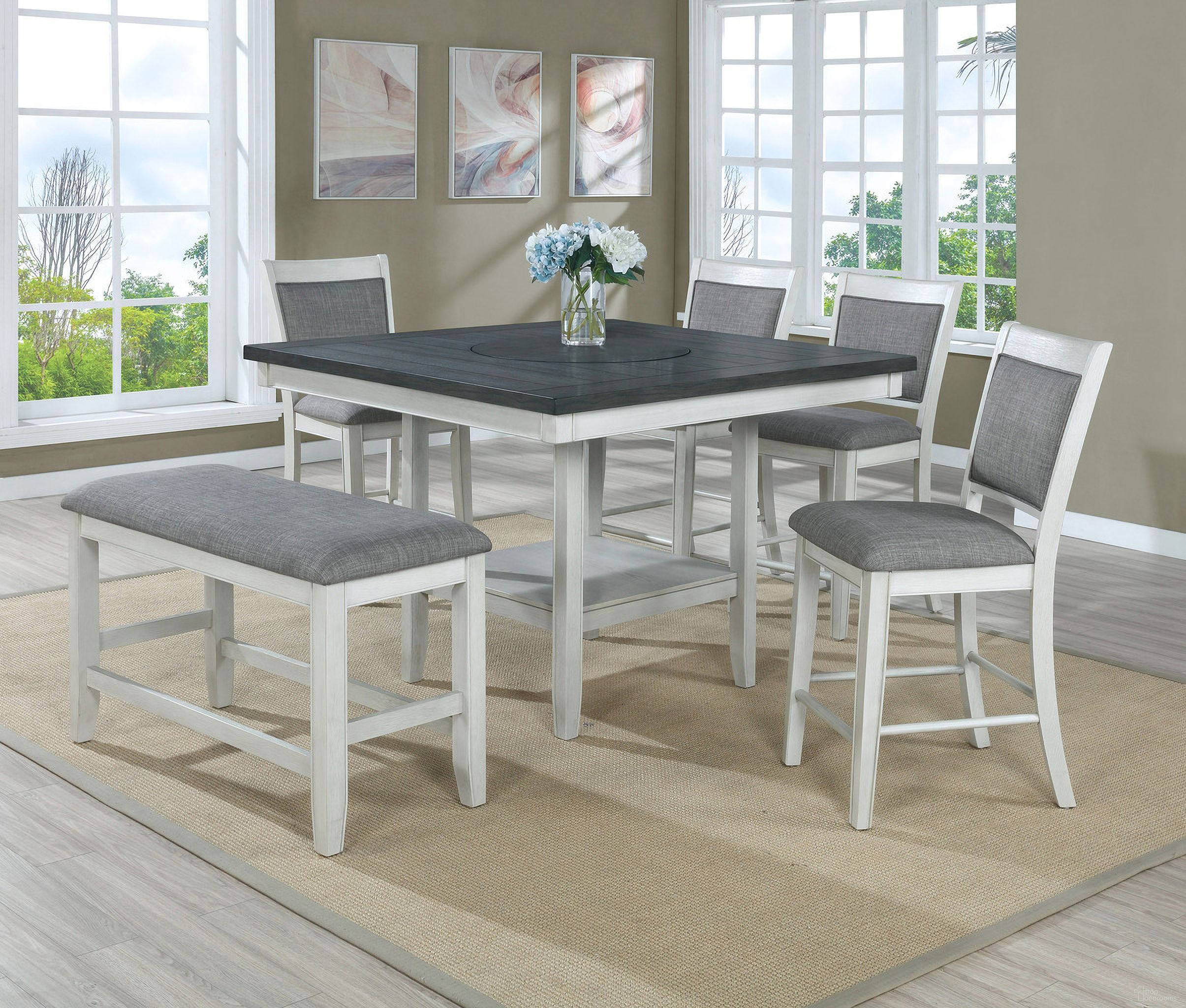 The appearance of Fulton Counter Height Dining Room Set In Chalk Grey designed by Crown Mark in the transitional interior design. This chalk grey piece of furniture was selected by 1StopBedrooms from Fulton Collection to add a touch of cosiness and style into your home. Sku: 2727CG-T-4848;2727WH-S-24. Table Top Shape: Square. Material: MDF. Size: 48" x 48".