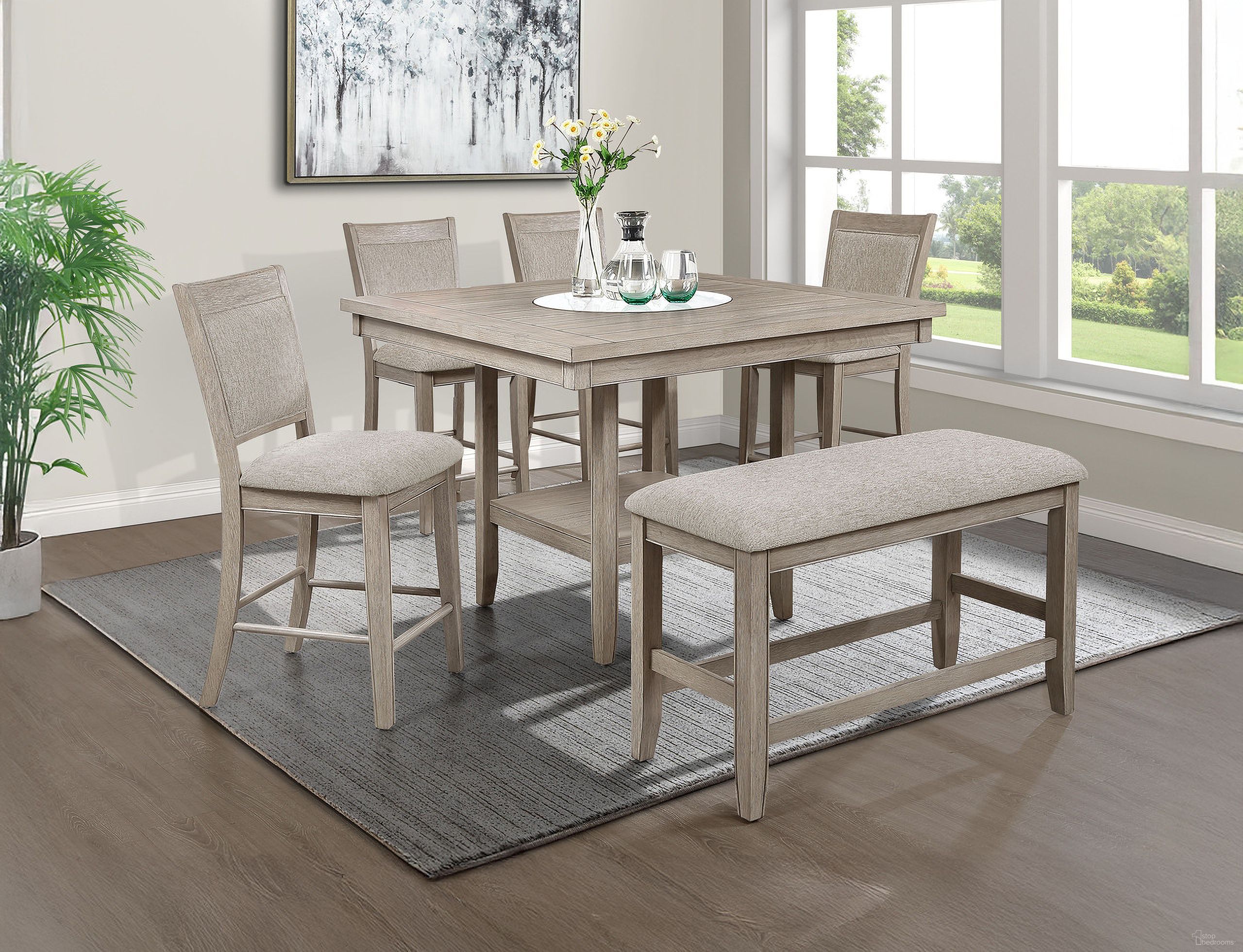 The appearance of Fulton Counter Table Dining Set with Lazy Susan In White Oak designed by Crown Mark in the transitional interior design. This white oak piece of furniture was selected by 1StopBedrooms from Fulton Collection to add a touch of cosiness and style into your home. Sku: 2727MB-T-4848;2727MB-S-24. Table Top Shape: Square. Material: MDF. Size: 48" x 48".
