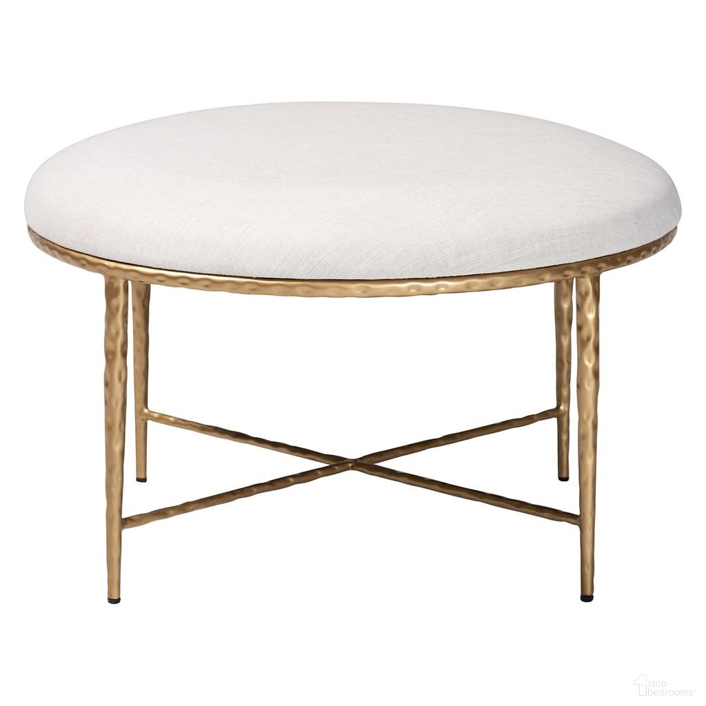 Fumiye 30 Inch Round Cocktail Ottoman In Ivory and Gold