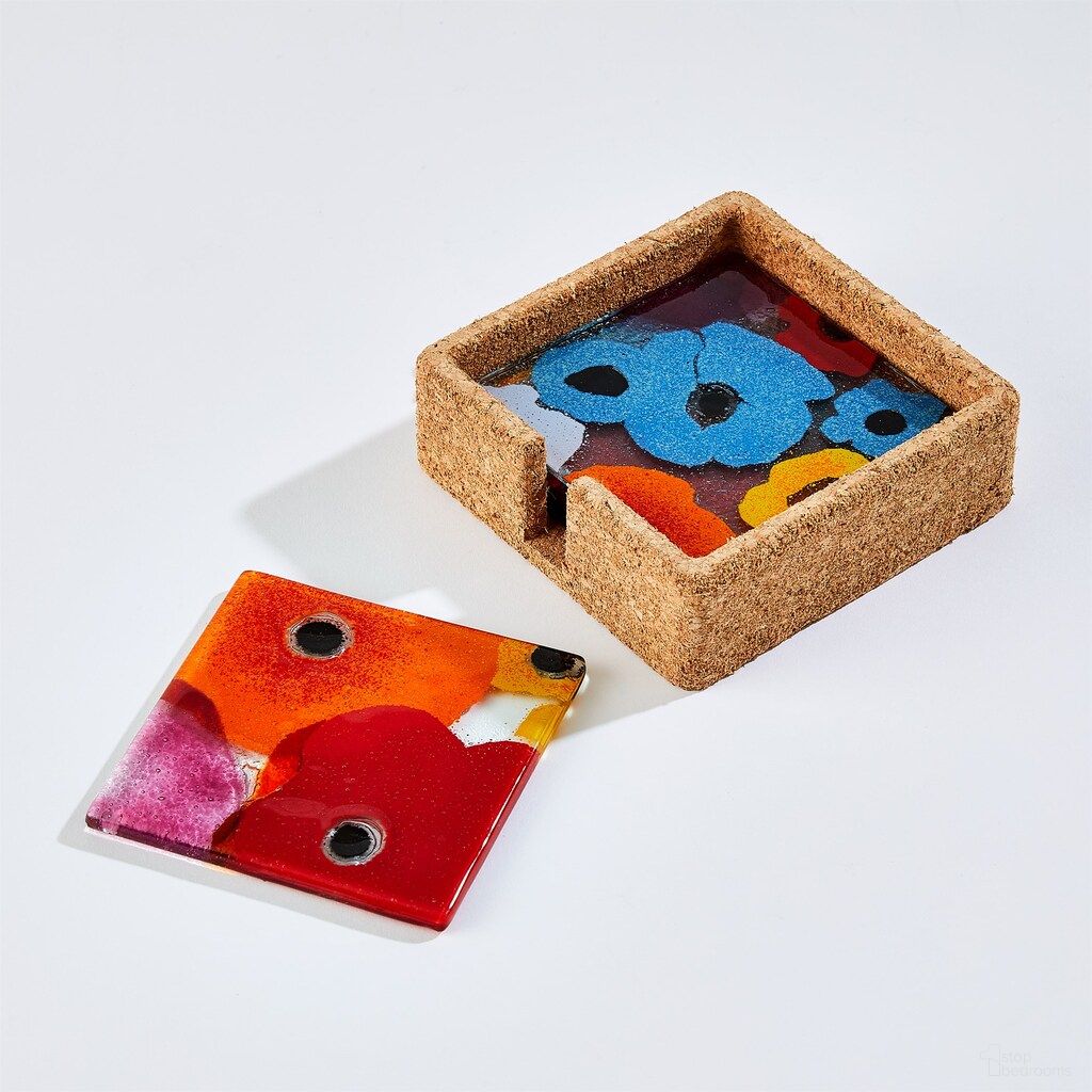 Fused Bright Floral Coaster Set In White