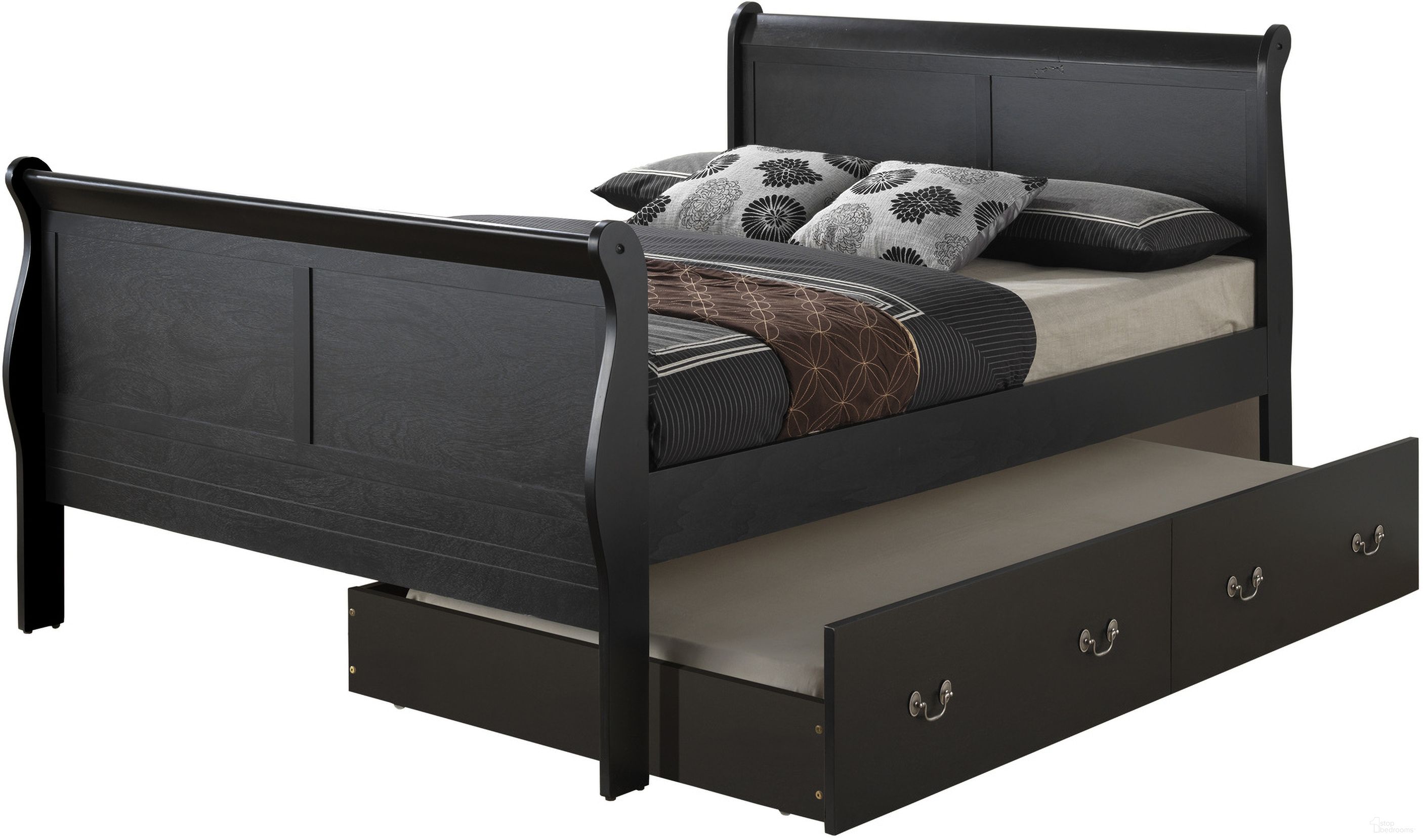 The appearance of Glory Furniture G3150 Full Trundle Bed in Black designed by Glory in the traditional interior design. This black piece of furniture  was selected by 1StopBedrooms from G3150 Collection to add a touch of cosiness and style into your home. Sku: G3150G-FTB Box 1;G3150G-FTB Box 2;G3150G-FTB Box 3;G3150G-FTB Box 4. Material: Wood. Bed Size: Full. Bed Type: Trundle Bed.