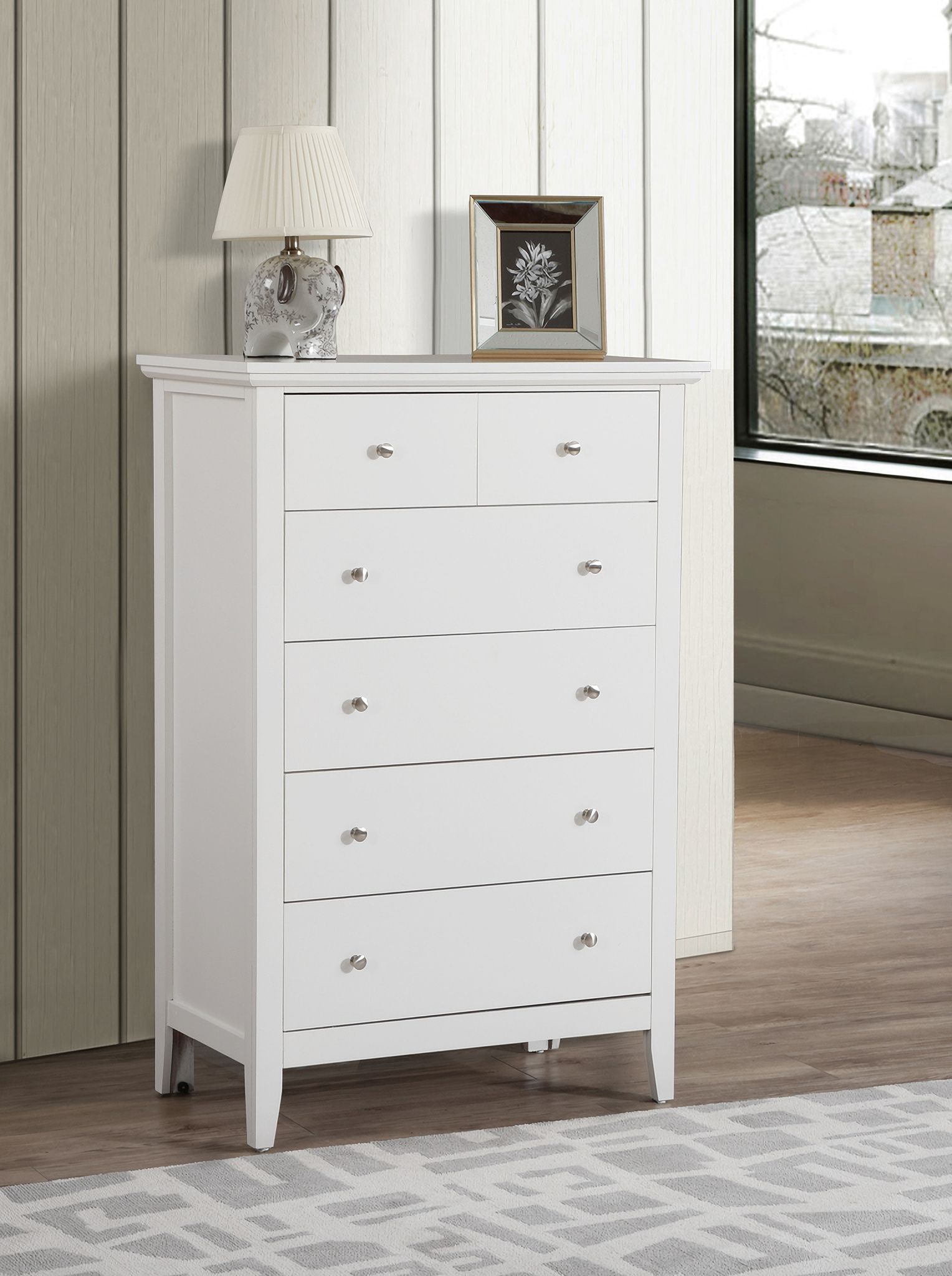 The appearance of G5490 Chest (White) designed by Glory in the transitional interior design. This white piece of furniture was selected by 1StopBedrooms from G54 Collection to add a touch of cosiness and style into your home. Sku: G5490-CH-5 Drawer Chest. Material: Wood.