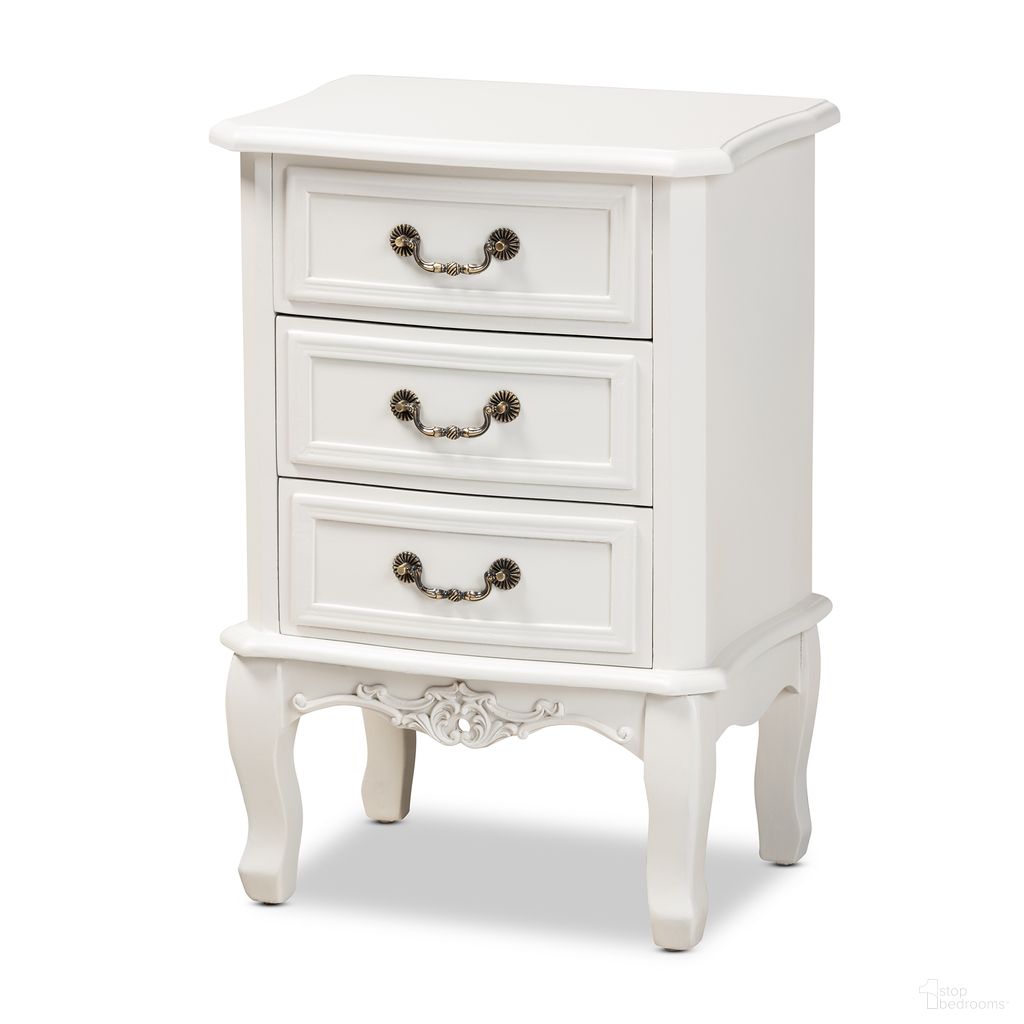 The appearance of Gabrielle 3 Drawer Wood End Table In White designed by Baxton Studio in the transitional interior design. This white piece of furniture was selected by 1StopBedrooms from Gabrielle Collection to add a touch of cosiness and style into your home. Sku: ETASW-04-White-ET. Material: MDF.