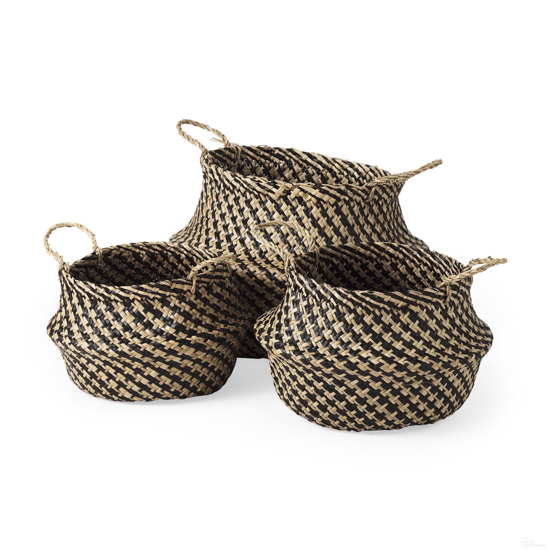 Gaia Cross Patterend Belly Seagrass Basket Set of 3 In Light and Dark Brown