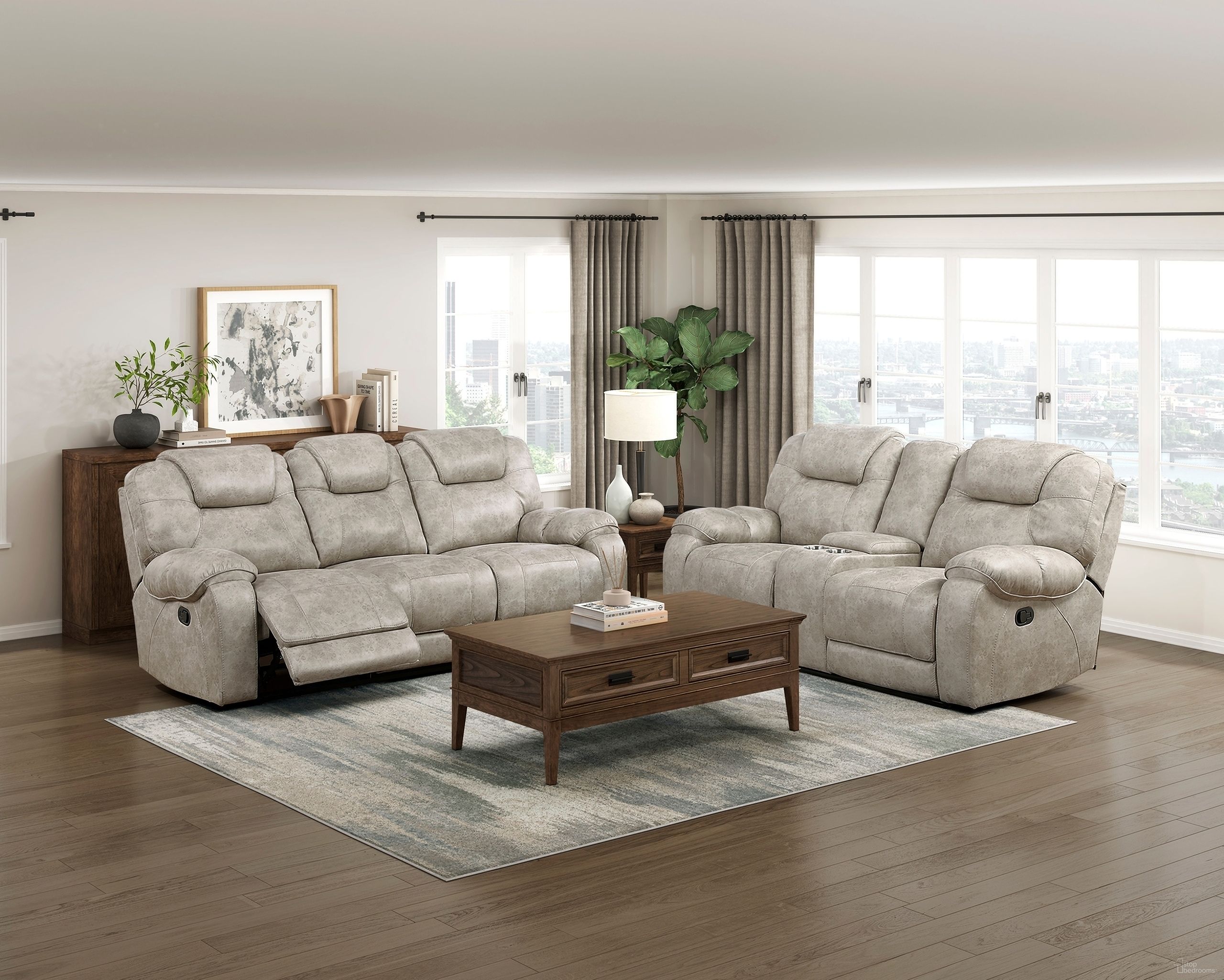 The appearance of Gainesville Double Reclining Living Room Set In Beige designed by Homelegance in the transitional interior design. This beige piece of furniture  was selected by 1StopBedrooms from Gainesville Collection to add a touch of cosiness and style into your home. Sku: 8560PT-3;8560PT-2. Material: Microfiber.