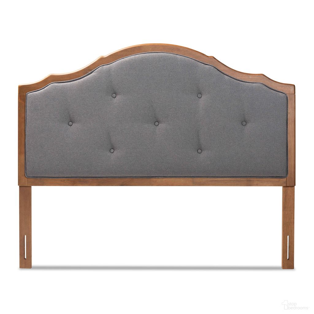 The appearance of Gala Fabric Upholstered and Wood Queen Arched Headboard In Dark Grey and Walnut Brown designed by Baxton Studio in the traditional interior design. This dark grey/walnut piece of furniture  was selected by 1StopBedrooms from Gala Collection to add a touch of cosiness and style into your home. Sku: MG9743-Dark Grey/Walnut-HB-Queen. Material: Polyester. Bed Size: Queen.