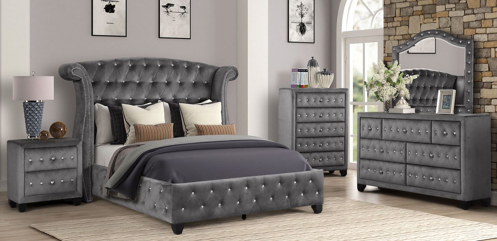 The appearance of Galaxy Home Sophia Upholstered Bedroom Set in Gray designed by Galaxy Home Furnishings in the modern / contemporary interior design. This gray piece of furniture was selected by 1StopBedrooms from Sophia Collection to add a touch of cosiness and style into your home. Sku: 733569285372;733569388264. Bed Type: Platform Bed. Material: Wood. Bed Size: Queen.