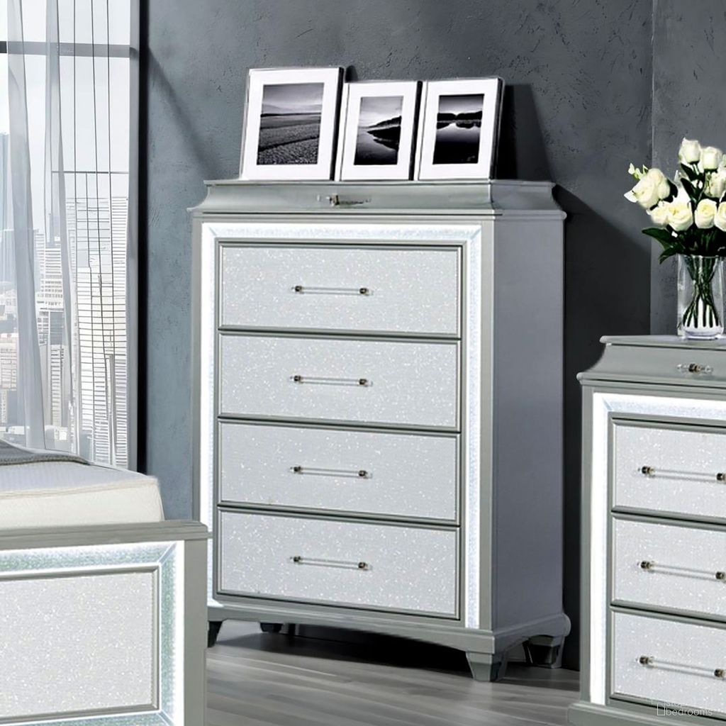 The appearance of Galea Chest with LED In Gray designed by Furniture of America in the glam interior design. This gray piece of furniture  was selected by 1StopBedrooms from Galea Collection to add a touch of cosiness and style into your home. Sku: FM74006SV-C. Material: Poplar.