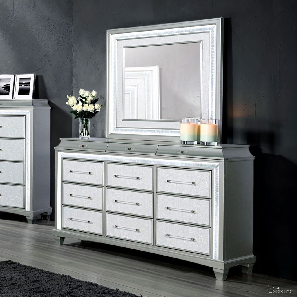 The appearance of Galea Dresser with LED In Gray designed by Furniture of America in the glam interior design. This gray piece of furniture  was selected by 1StopBedrooms from Galea Collection to add a touch of cosiness and style into your home. Sku: FM74006SV-D. Material: Poplar.