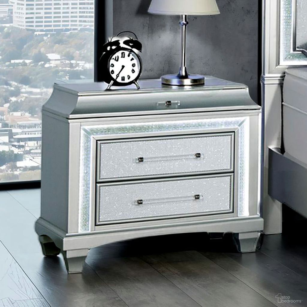 The appearance of Galea Nightstand with LED In Gray designed by Furniture of America in the glam interior design. This gray piece of furniture was selected by 1StopBedrooms from Galea Collection to add a touch of cosiness and style into your home. Sku: FM74006SV-N. Material: Poplar.