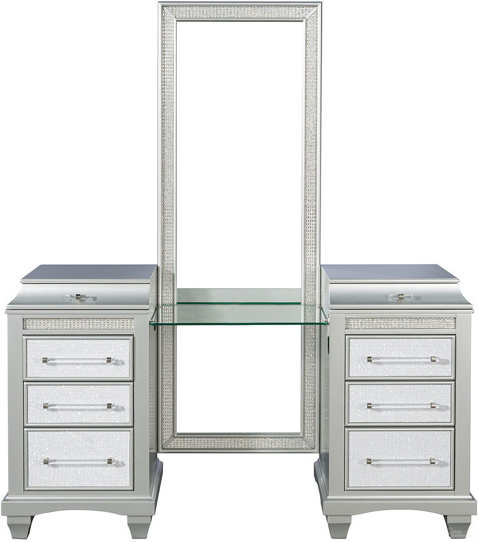 The appearance of Galea Vanity with Stool In Gray designed by Furniture of America in the glam interior design. This gray piece of furniture  was selected by 1StopBedrooms from Galea Collection to add a touch of cosiness and style into your home. Sku: FM74006SV-V-1;FM74006SV-V-2;FM74006SV-VS. Material: Poplar.