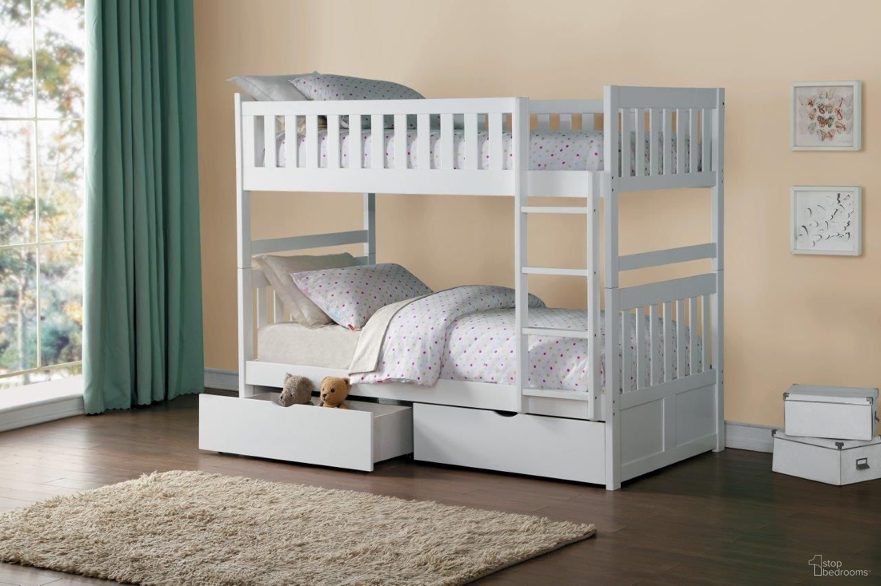 The appearance of Galen White Bunk Bedroom Set With Storage Boxes designed by Homelegance in the transitional interior design. This white piece of furniture  was selected by 1StopBedrooms from Galen Collection to add a touch of cosiness and style into your home. Sku: B2053W-1-T;B2053W-4. Bed Type: Bunk Bed. Material: Wood. Bed Size: Twin.