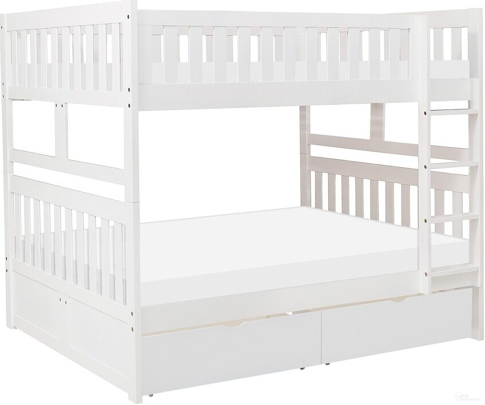 The appearance of Galen Full/Full Bunk Bed with Storage Boxes In White designed by Homelegance in the modern / contemporary interior design. This white piece of furniture  was selected by 1StopBedrooms from Galen Collection to add a touch of cosiness and style into your home. Sku: B2053FFW-1;B2053FFW-2;B2053FFW-SL;B2053W-T. Bed Type: Bunk Bed. Material: Wood. Bed Size: Full Over Full.