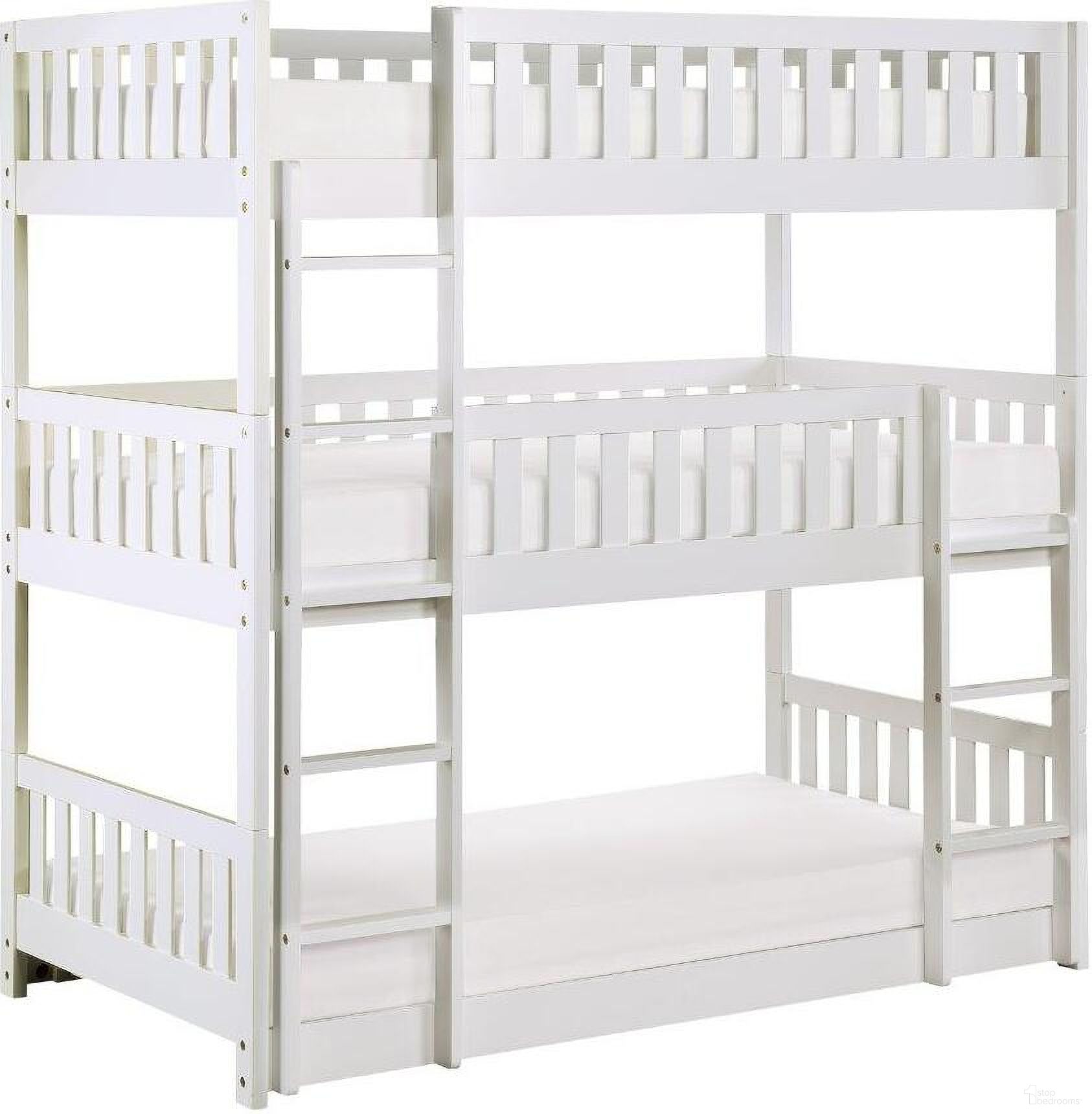 The appearance of Galen White Triple Bunk Bed designed by Homelegance in the transitional interior design. This white piece of furniture was selected by 1StopBedrooms from Galen Collection to add a touch of cosiness and style into your home. Sku: B2053TTTW-1;B2053TTTW-2;B2053TTTW-SL. Bed Type: Bunk Bed. Material: Wood. Bed Size: Twin Over Twin.