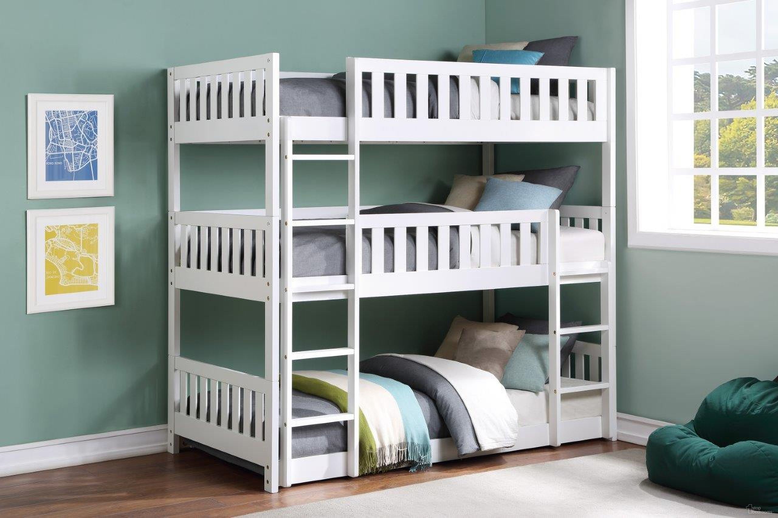 The appearance of Galen White Triple Bunk Bedroom Set designed by Homelegance in the transitional interior design. This white piece of furniture  was selected by 1StopBedrooms from Galen Collection to add a touch of cosiness and style into your home. Sku: B2053TTTW-1;B2053TTTW-2;B2053TTTW-SL;B2053W-4. Bed Type: Bunk Bed. Material: Wood. Bed Size: Twin Over Twin.