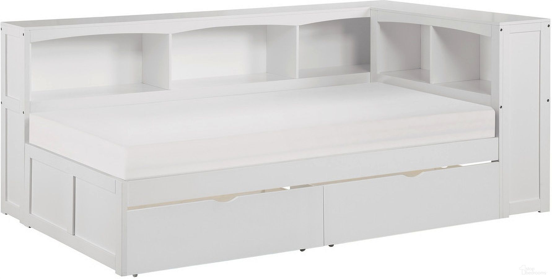 The appearance of Galen Twin Bookcase Corner Bed with Storage Boxes In White designed by Homelegance in the transitional interior design. This white piece of furniture was selected by 1StopBedrooms from Galen Collection to add a touch of cosiness and style into your home. Sku: B2053BCW-1;B2053BCW-2;B2053BCW-BC;B2053W-T. Bed Type: Bookcase Bed. Material: Wood. Bed Size: Twin.