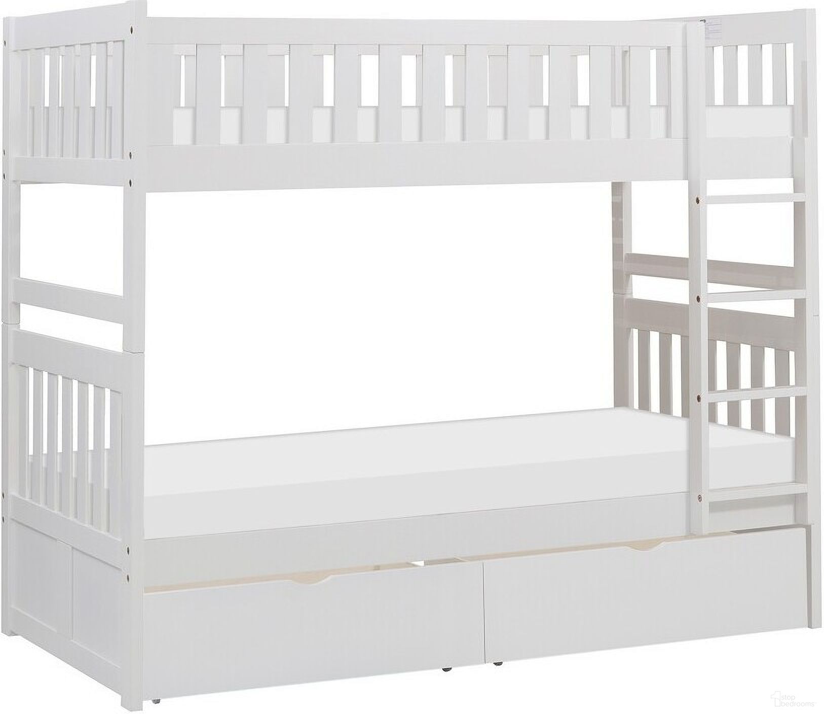 The appearance of Galen Twin/Twin Bunk Bed with Storage Boxes In White designed by Homelegance in the modern / contemporary interior design. This white piece of furniture was selected by 1StopBedrooms from Galen Collection to add a touch of cosiness and style into your home. Sku: B2053W-1;B2053W-2;B2053W-SL;B2053W-T. Bed Type: Bunk Bed. Material: Wood. Bed Size: Twin Over Twin.