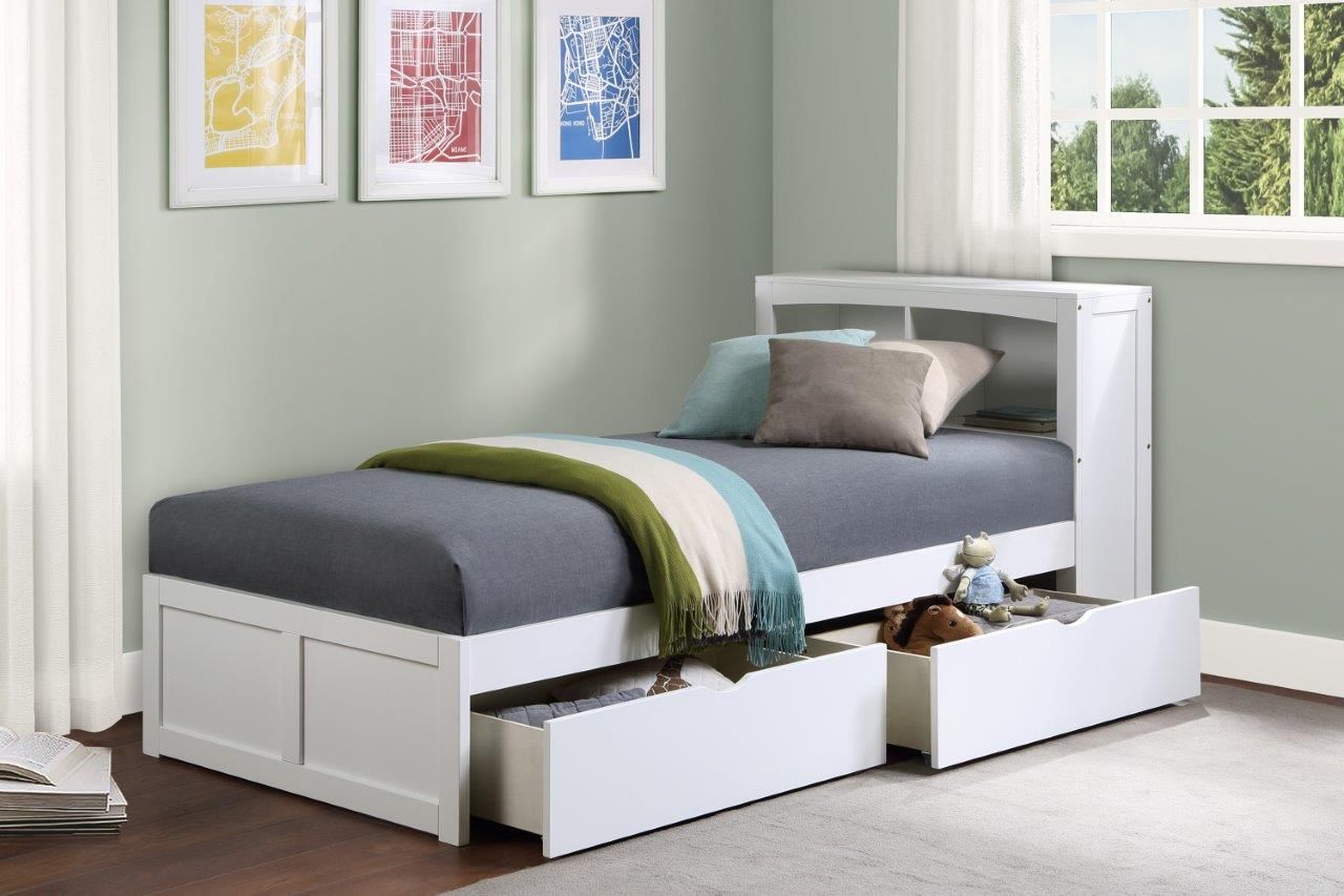 The appearance of Galen White Youth Bookcase Bedroom Set With Storage Boxes designed by Homelegance in the transitional interior design. This white piece of furniture was selected by 1StopBedrooms from Galen Collection to add a touch of cosiness and style into your home. Sku: B2053BCW-1T;B2053W-4. Bed Type: Bookcase Bed. Material: Wood. Bed Size: Twin.