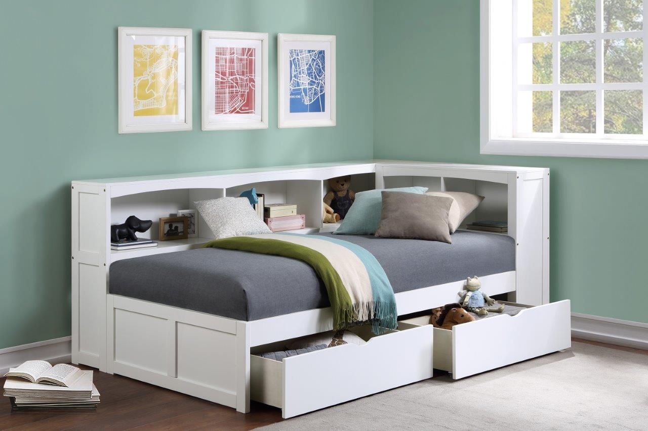 The appearance of Galen White Youth Bookcase Corner Bedroom Set With Storage Boxes designed by Homelegance in the transitional interior design. This white piece of furniture was selected by 1StopBedrooms from Galen Collection to add a touch of cosiness and style into your home. Sku: B2053BCW-1BCT;B2053W-4. Bed Type: Bookcase Bed. Material: Wood. Bed Size: Twin.