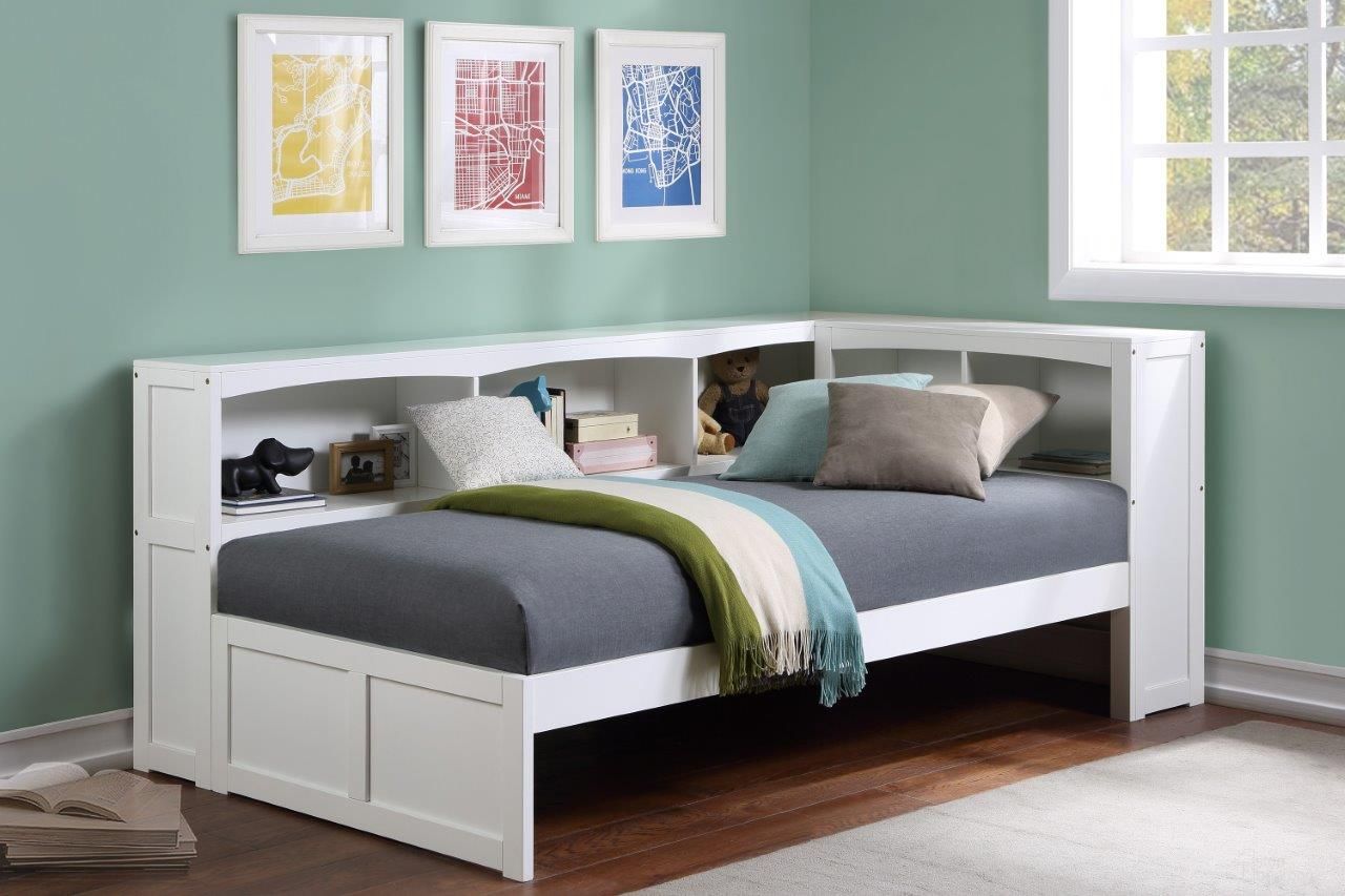The appearance of Galen White Youth Bookcase Corner Bedroom Set designed by Homelegance in the transitional interior design. This white piece of furniture  was selected by 1StopBedrooms from Galen Collection to add a touch of cosiness and style into your home. Sku: B2053BCW-1BC;B2053W-4. Bed Type: Bookcase Bed. Material: Wood. Bed Size: Twin.